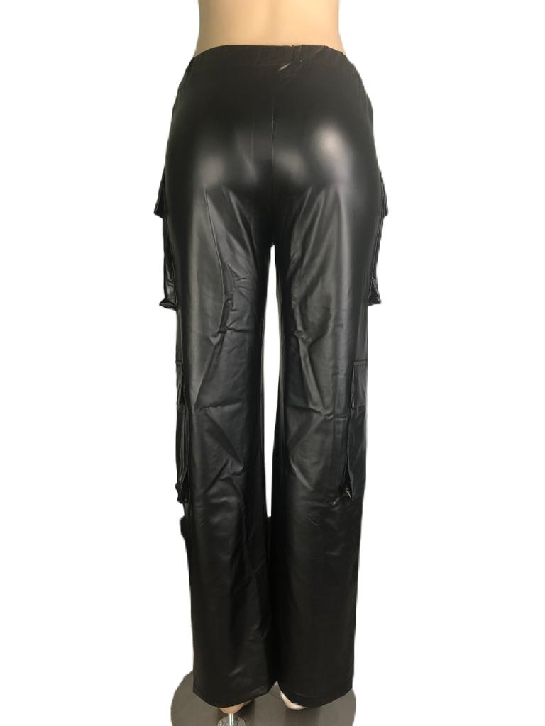 PU Leather Straight Cargo Pant for Women