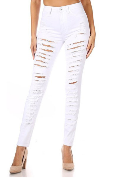 High Waist White Stretch Distressed Jean