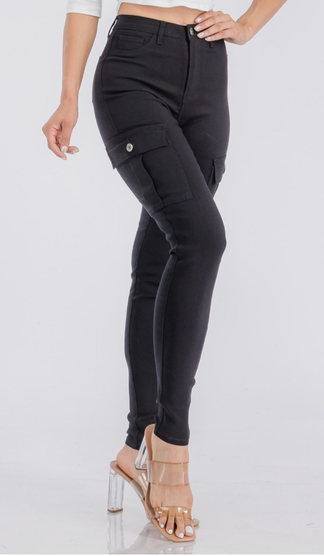 High Waist Jagging Jean with Side Cargo Pockets Charcoal Grey