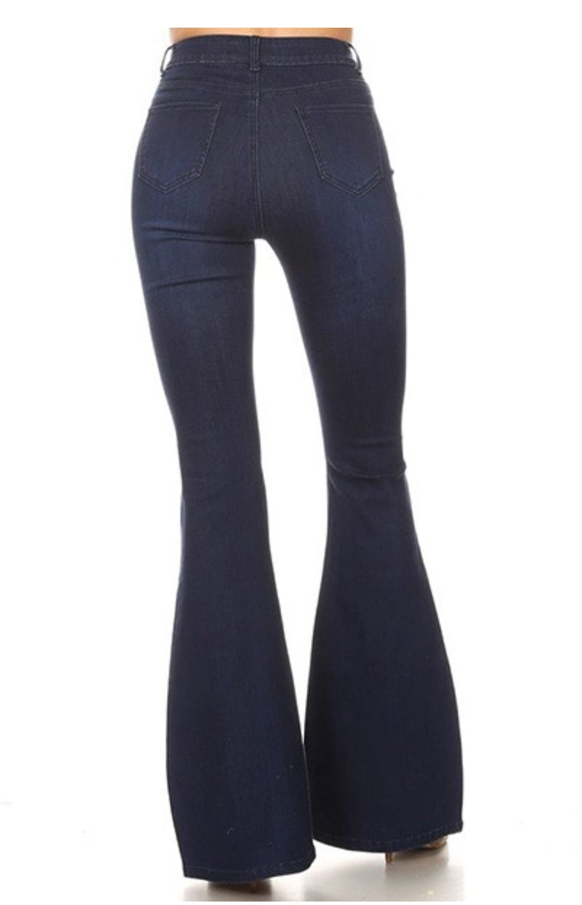 High Waist Flare Bottom Classic Five Button Dark Blue Jeans