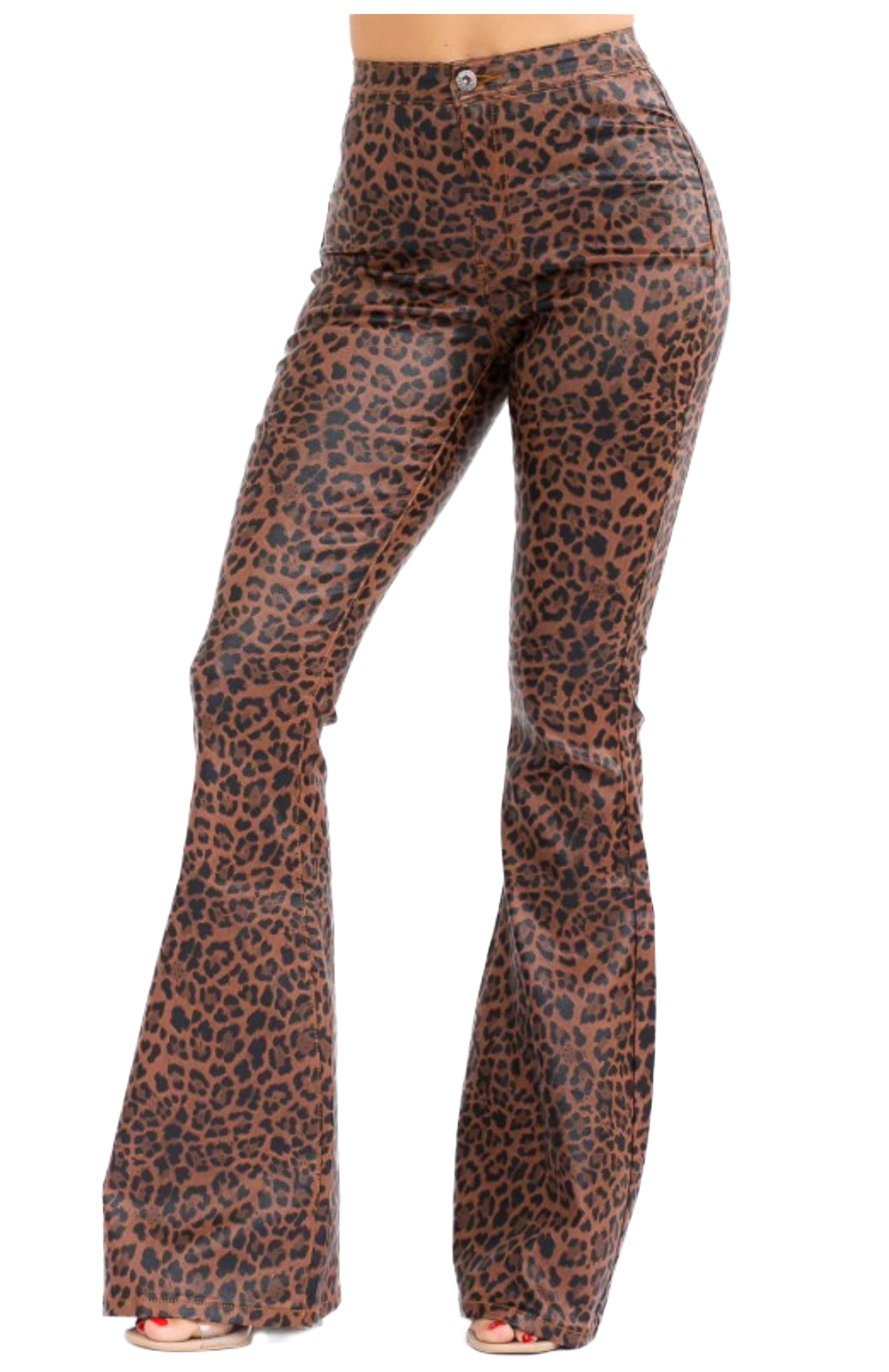 Women's High Waisted PU Leather Bell Bottom Pants,, Brown and Black Leopard Print Pattern