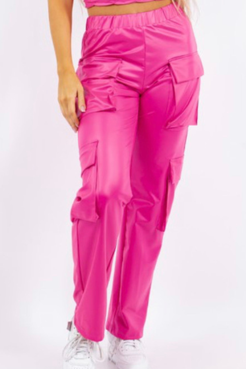 PU Leather Straight Cargo Pant for Women