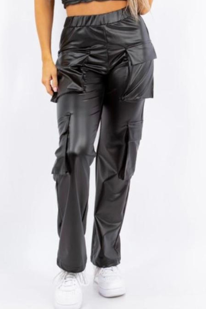 PU Leather Straight Cargo Pant for Women