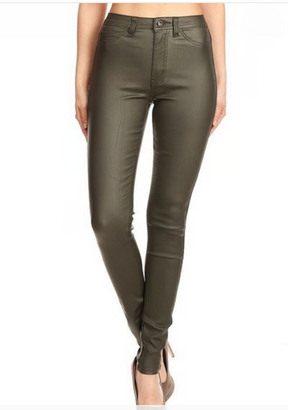 High Waist Faux leather Olive color Jean