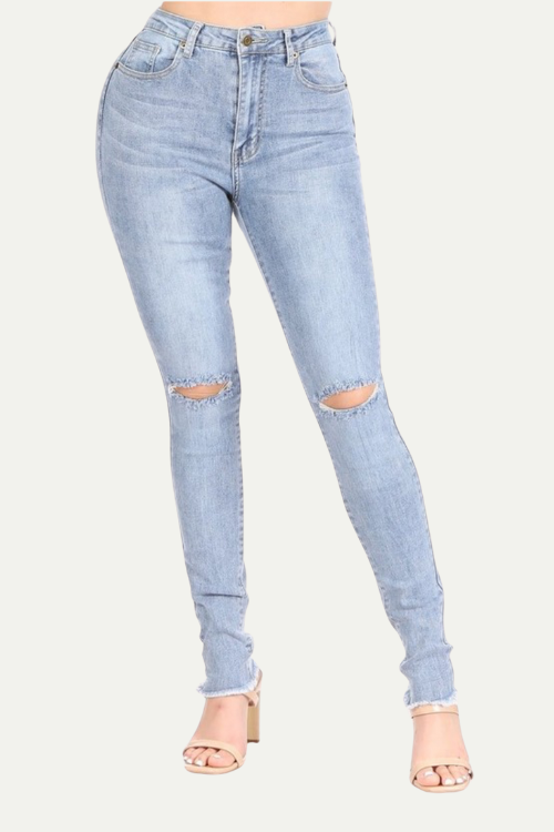 High Waist Stretchy Skinny Jeans with Cut on Knee