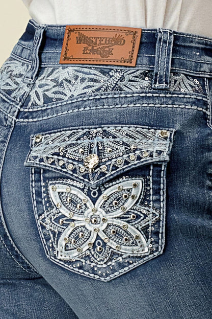 Women's High Waist Boot Cut Jeans with Embroidered Waist and Back Pockets