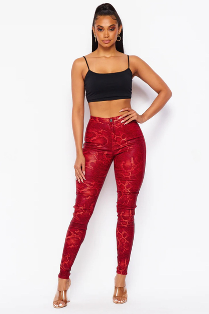 High Waisted Stretch Skinny Snake Print Jeans