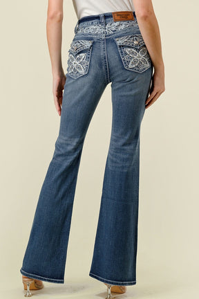 Women's High Waist Boot Cut Jeans, Embroided Waist and Back Pockets