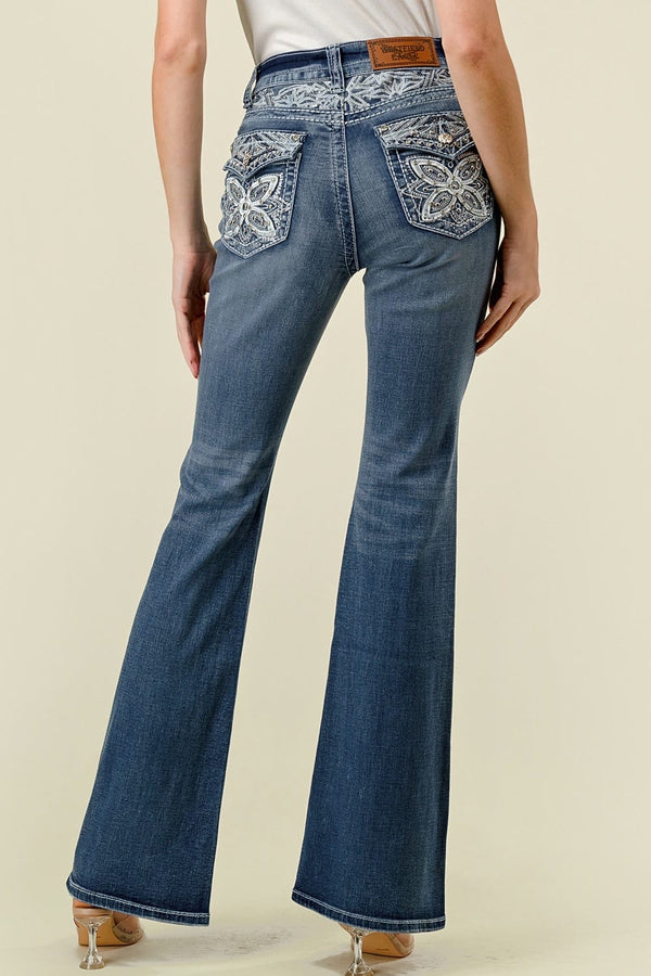 Women's High Waist Boot Cut Jeans with Embroidered Waist and Back Pockets