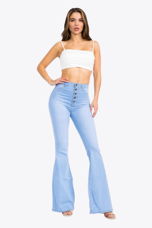 High Waist Flare Bottom Classic Five Button Light Blue Jeans