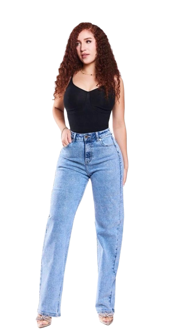 Women's Rhinestone Wide Leg Barrel Shape Blue Denim Jeans