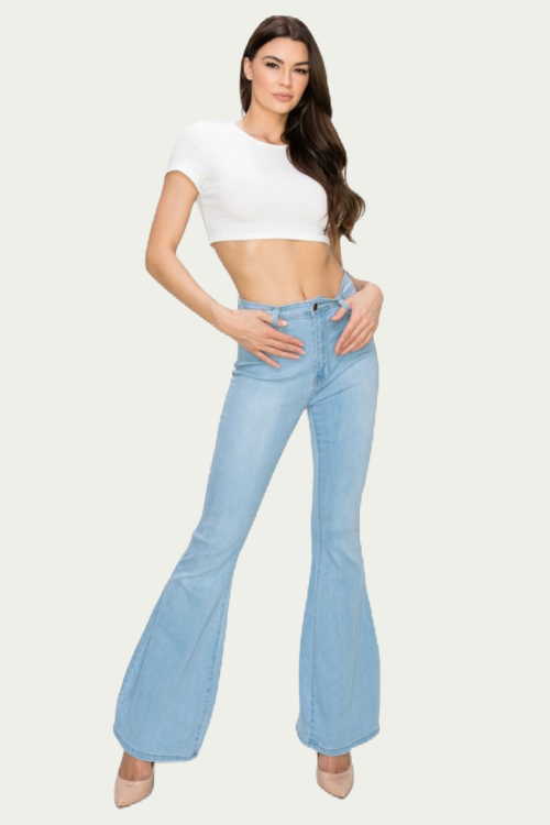 High Waist Flared Bottom Light Blue Denim Jeans