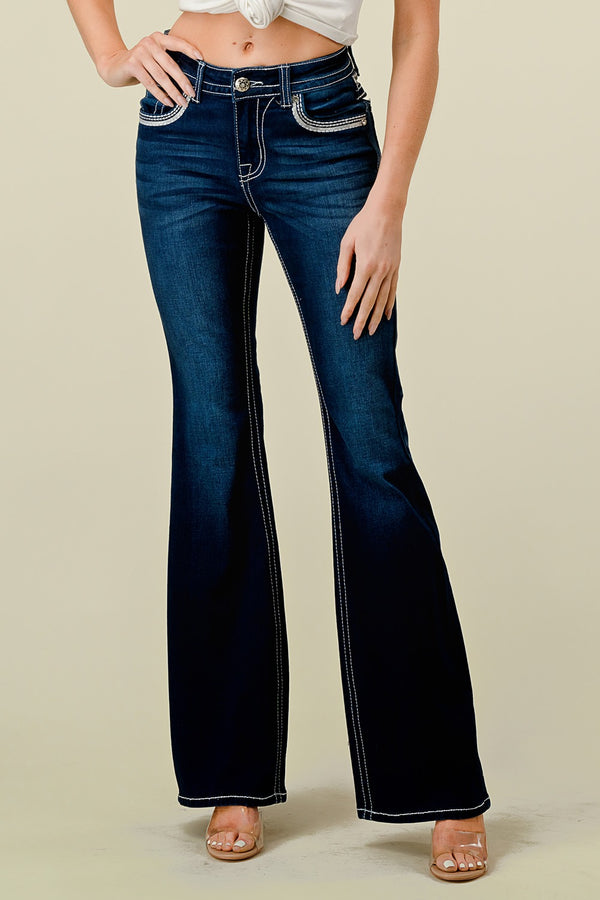 Women's High Waist Boot Cut Jeans with Embroidered Waist and Back Pockets