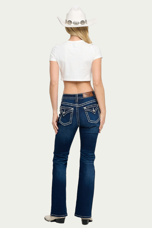 Women's High Waist Boot Cut Jeans with thick White Stitches