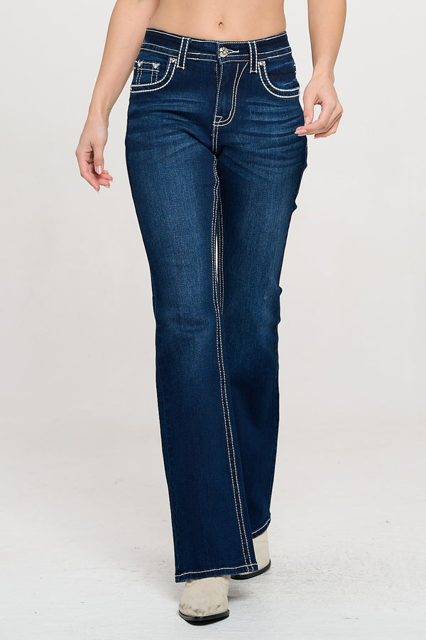 Women's High Waist Boot Cut Jeans with Embroidered Waist and Back Pockets