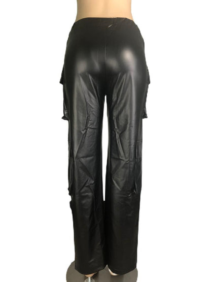 PU Leather Straight Cargo Pant for Women