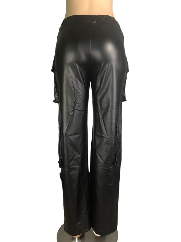PU Leather Straight Cargo Pant for Women