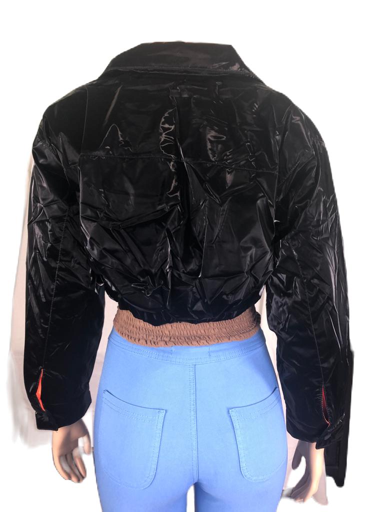 Quilted Padding Crop Shiny PU Jacket