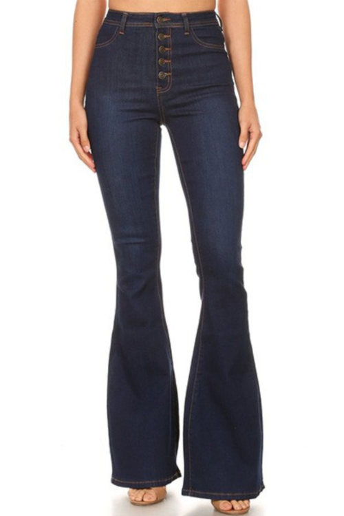 High Waist Flare Bottom Classic Five Button  Dark Blue Jeans