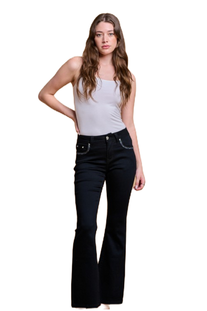 Women's High Waist Boot Cut Jeans with Embroidered Waist and Back Pockets