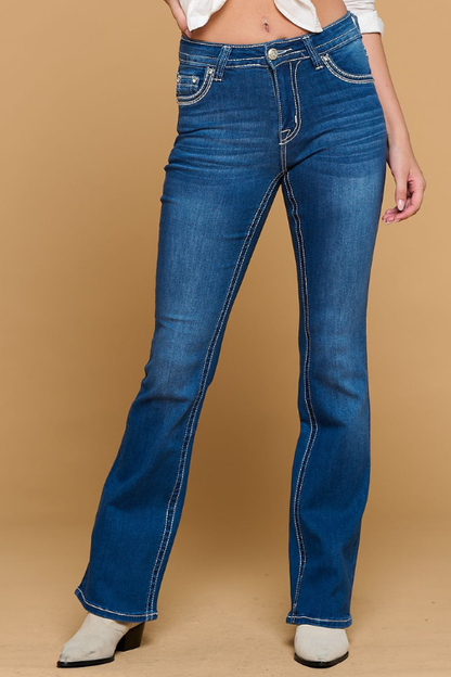 Women's High Waist Boot Cut Jeans with Embroidered Back Pockets