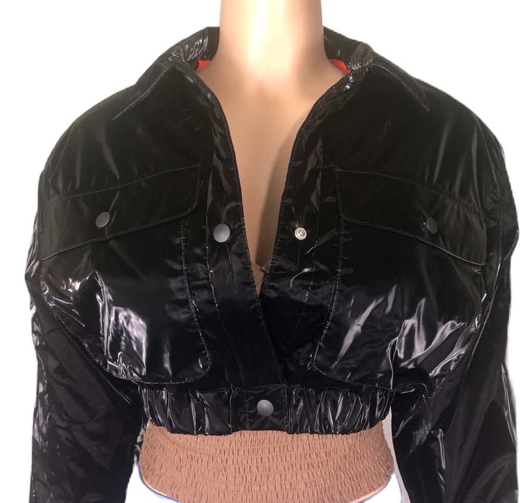 Quilted Padding Crop Shiny PU Jacket