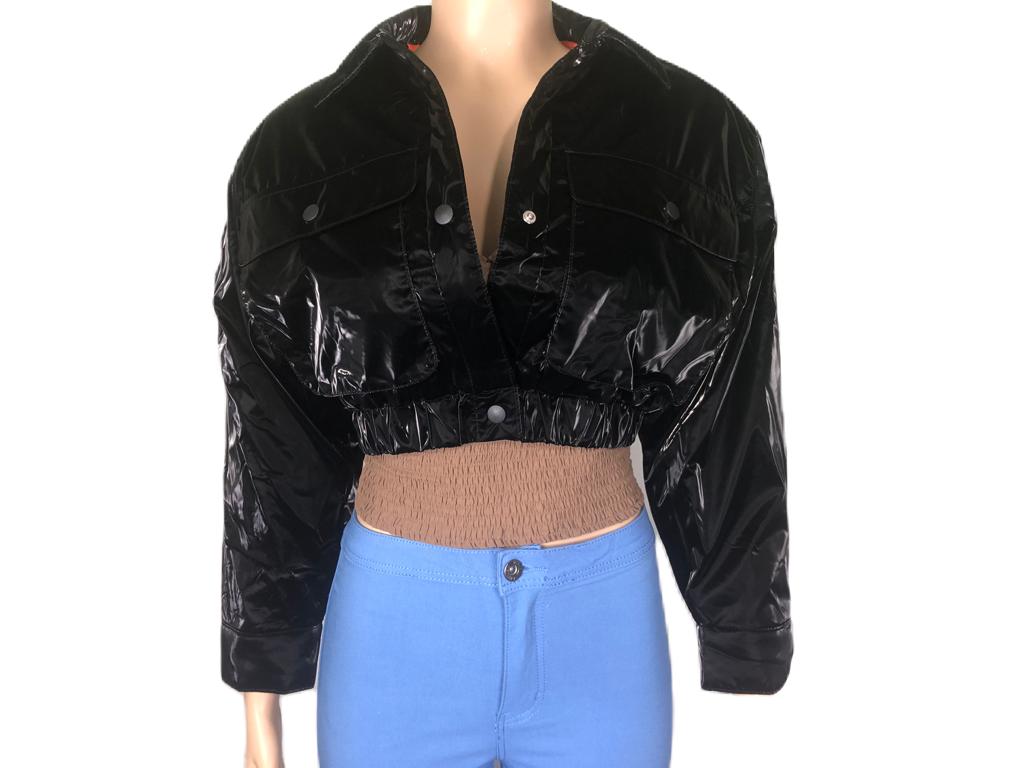 Quilted Padding Crop Shiny PU Jacket