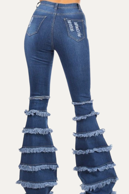 High Waist Distressed Bell Bottom Flared Denim Jeans With Circles