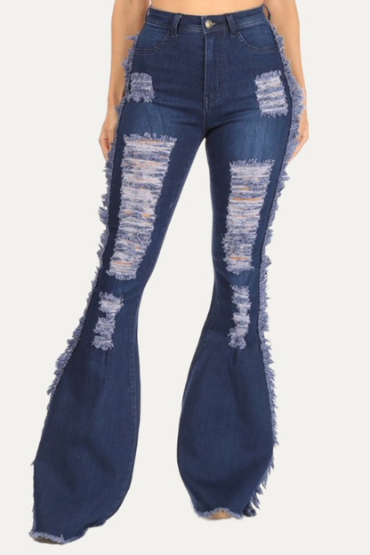 High Waist Distressed Flared Denim Jeans With Side Fringes