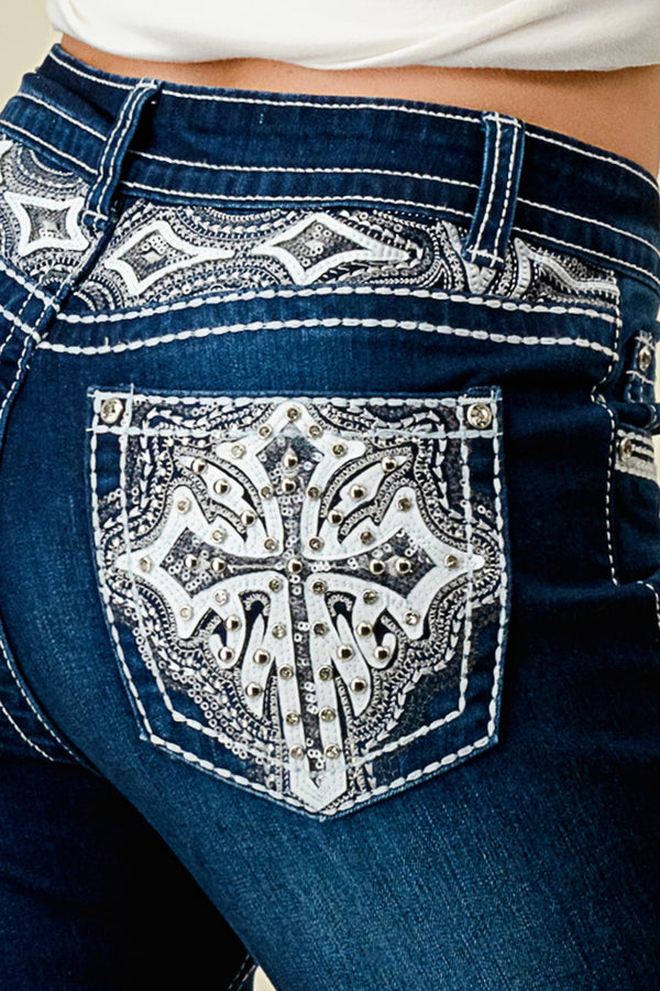 Women's High Waist Boot Cut Jeans with Embroidered Waist and Back Pockets
