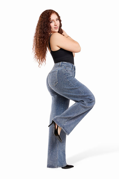 Women's Rhinestone All Over Wide Leg High Waist Stretch Blue Denim Jeans