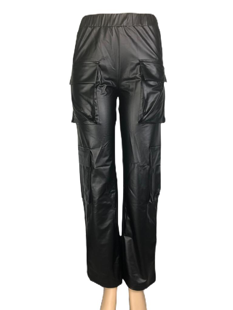 PU Leather Straight Cargo Pant for Women