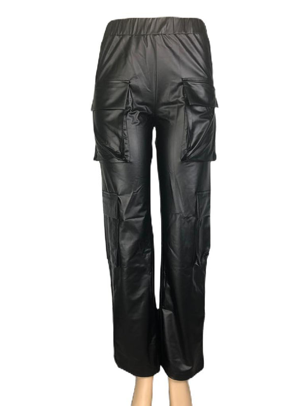 PU Leather Straight Cargo Pant for Women