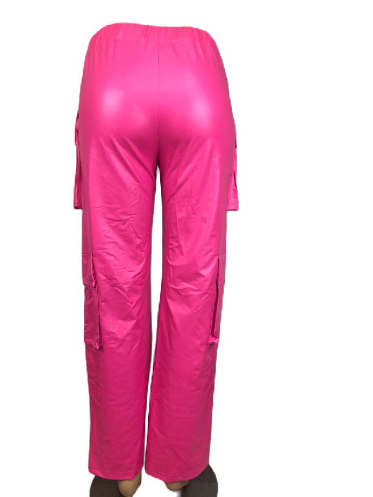 PU Leather Straight Cargo Pant for Women