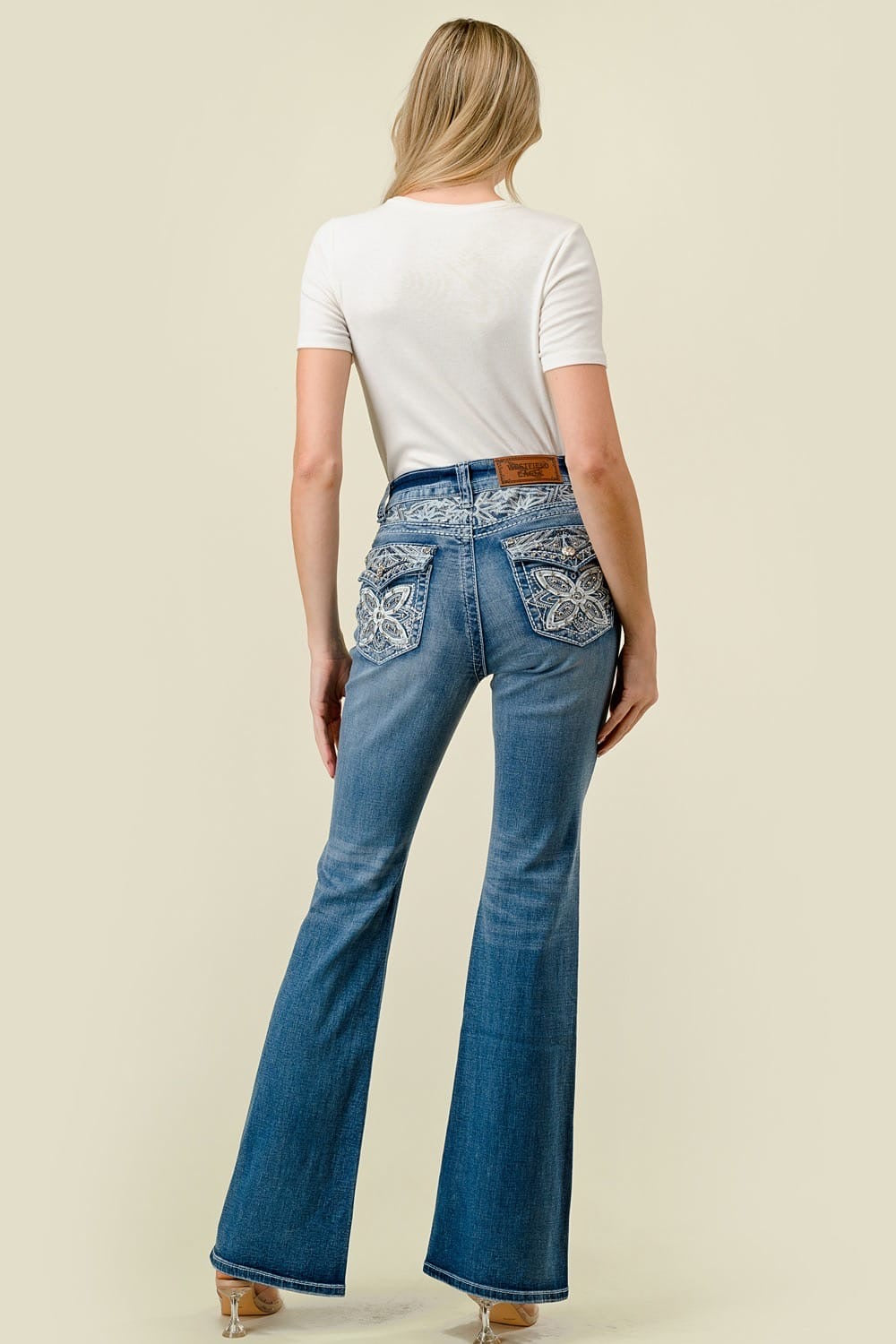 Women's High Waist Boot Cut Jeans, Embroided Waist and Back Pockets