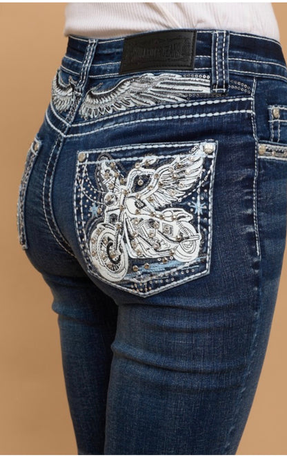 High Waist Embroidered Back Pocket Novelty Bootcut Jeans (Moto)