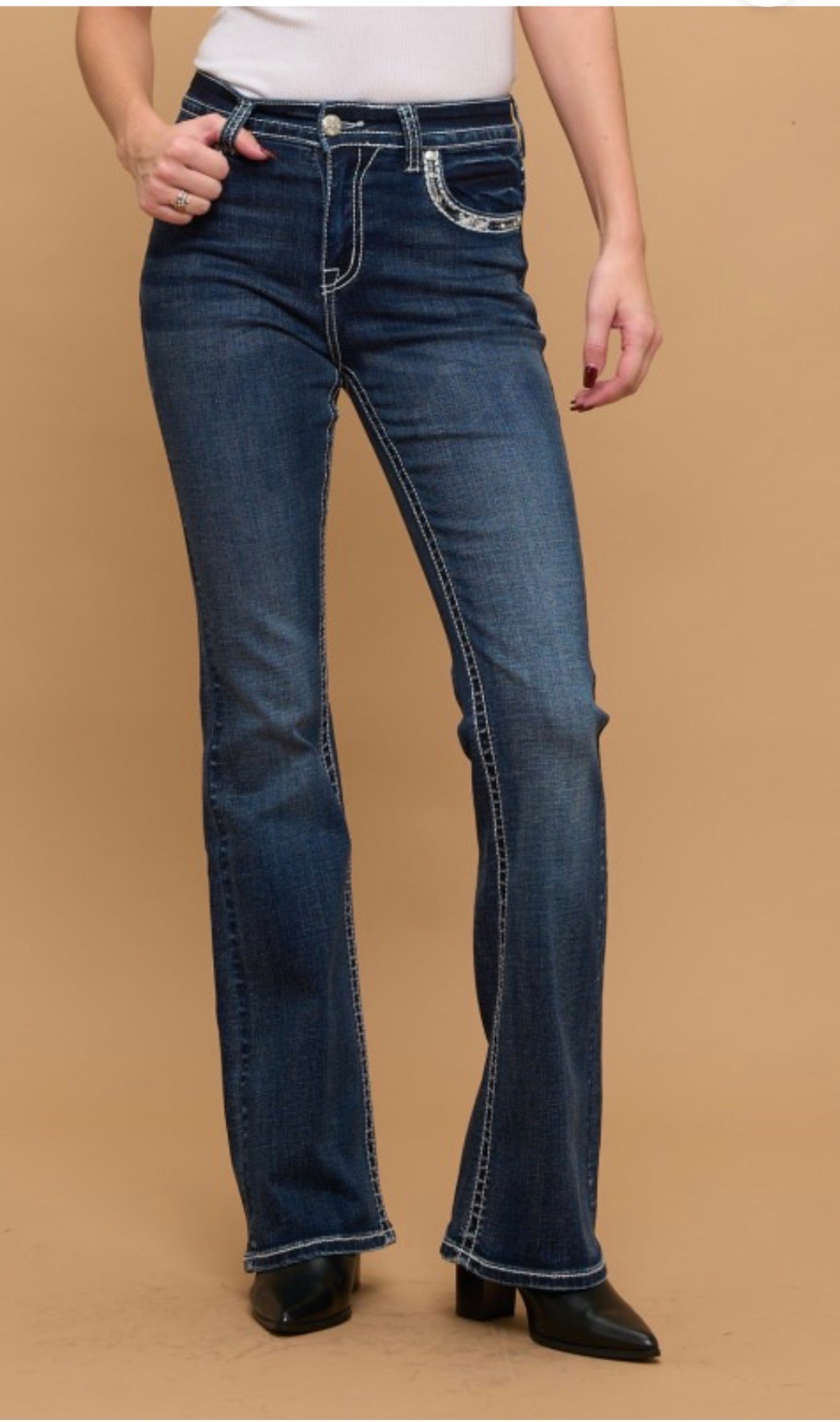 High Waist Embroidered Back Pocket Novelty Bootcut Jeans (Moto)
