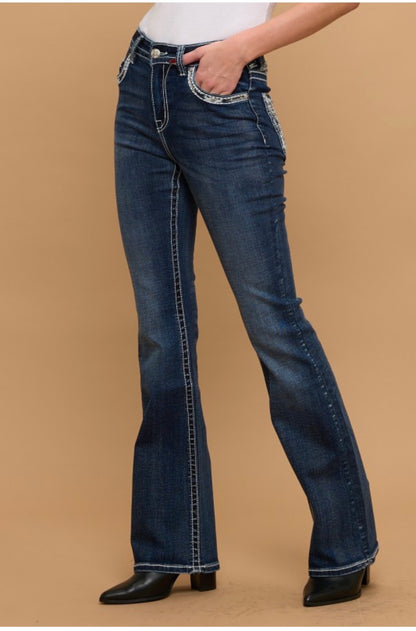 High Waist Embroidered Back Pocket Novelty Bootcut Jeans (Moto)