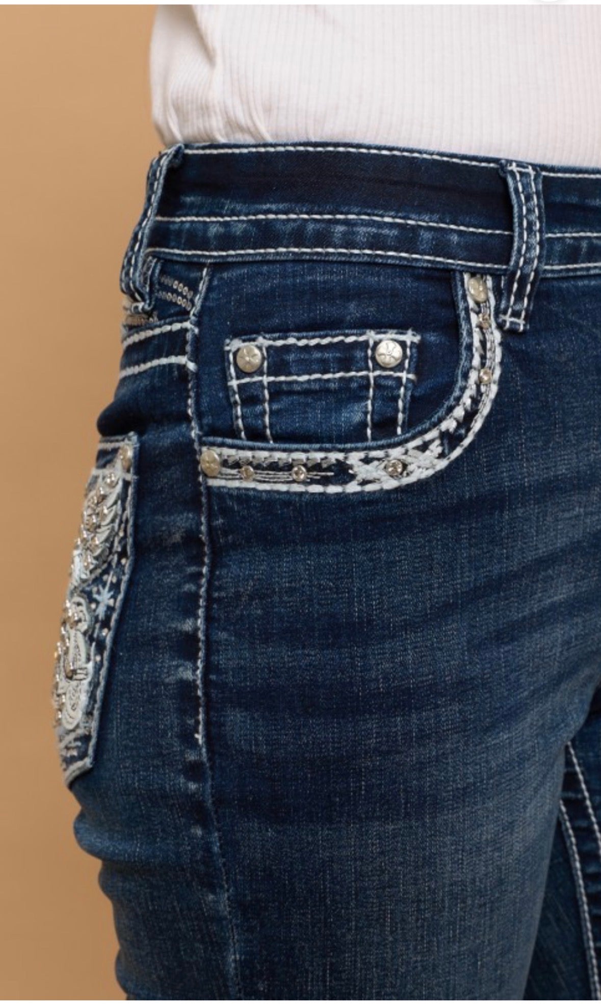 High Waist Embroidered Back Pocket Novelty Bootcut Jeans (Moto)