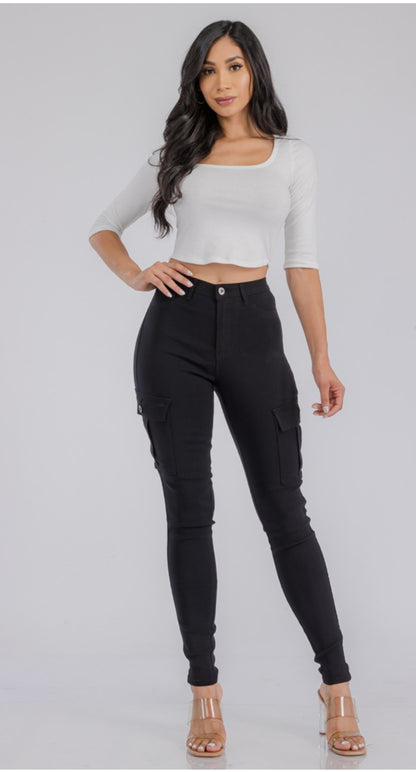 High Waist Jagging Jean with Side Cargo Pockets Charcoal Grey