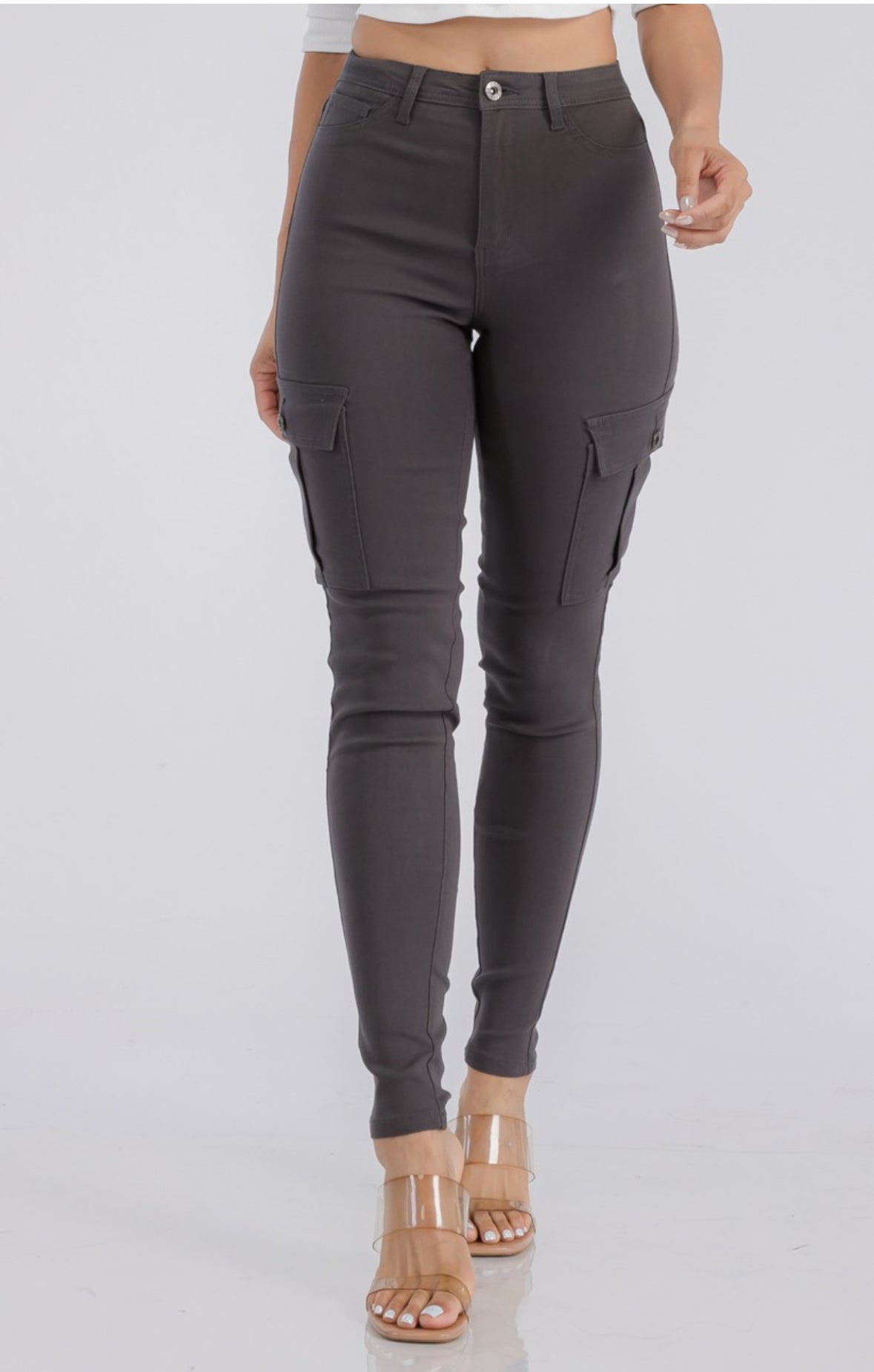 High Waist Jagging Jean with Side Cargo Pockets Charcoal Grey