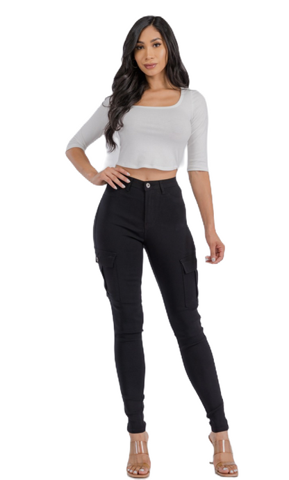 High Waist Black Jagging Jean with Side Cargo Pockets