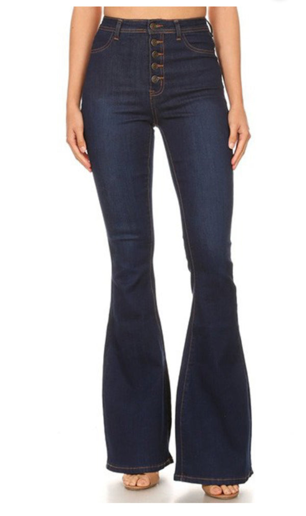 High Waist Flare Bottom Classic Five Button  Dark Blue Jeans