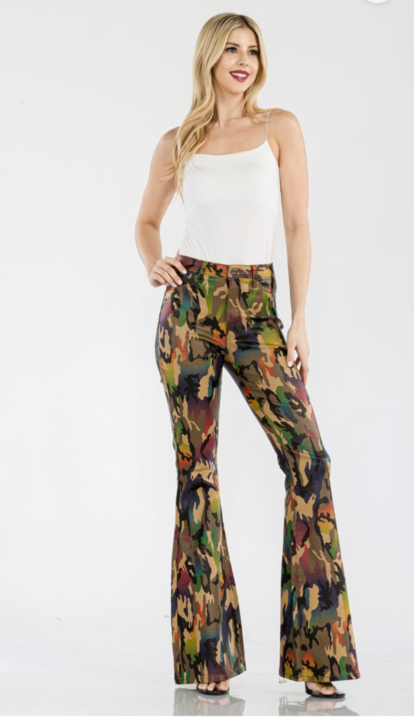 High Waist Stretch Abstract Camouflage Flared Bottom Jeans