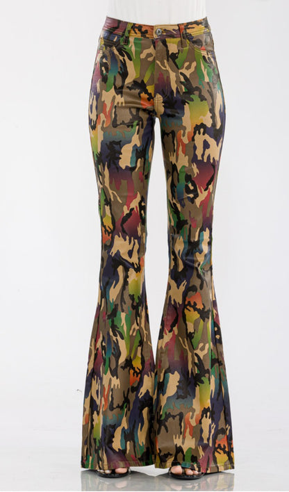 High Waist Stretch Abstract Camouflage Flared Bottom Jeans