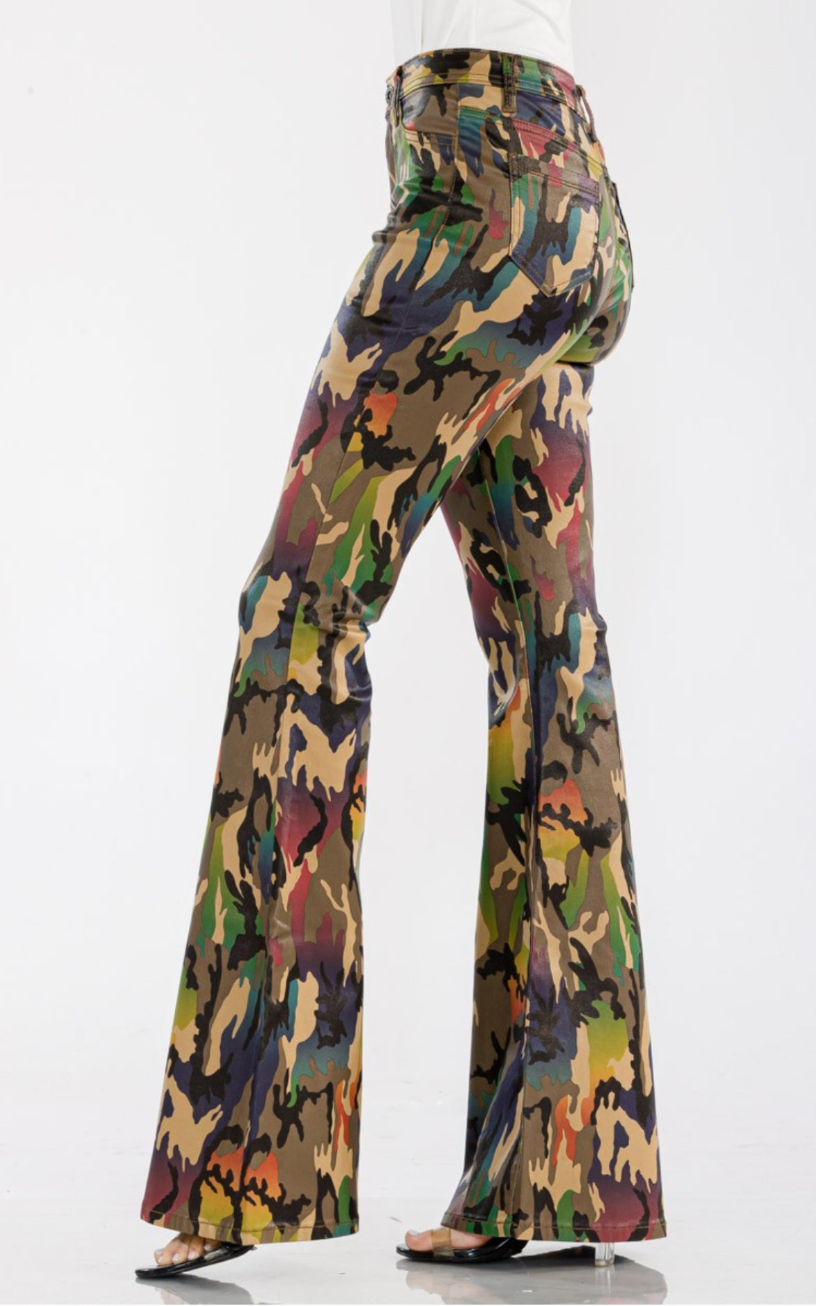 High Waist Stretch Abstract Camouflage Flared Bottom Jeans