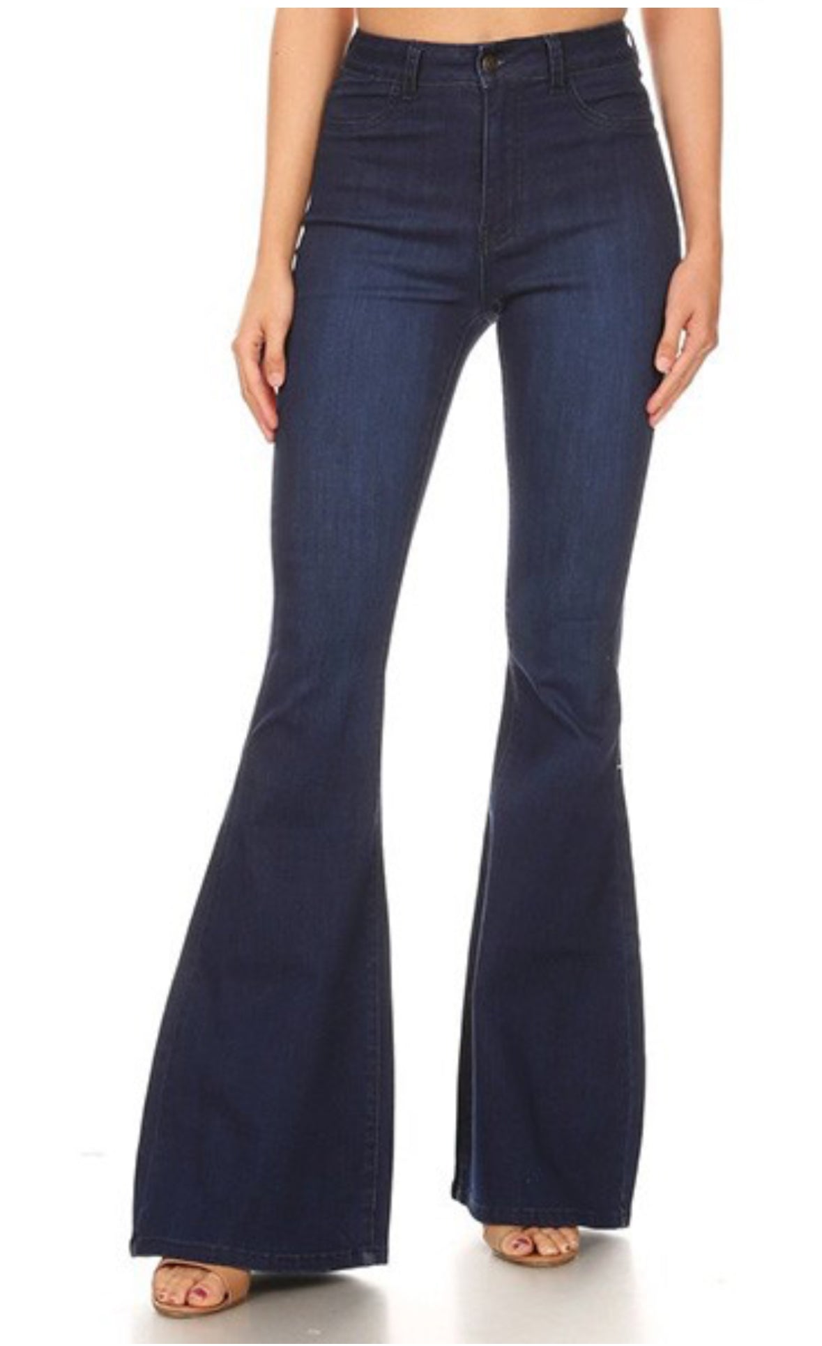 High Waist Flare Bottom Classic Five Button  Dark Blue Jeans