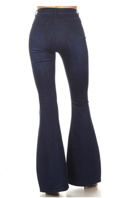 High Waist Flare Bottom Classic Five Button  Dark Blue Jeans