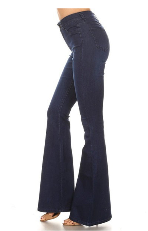 High Waist Flare Bottom Classic Five Button  Dark Blue Jeans