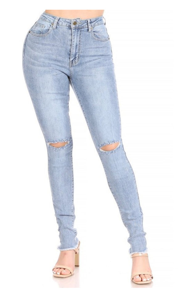 High Waist Stretchy Skinny Jeans with Cut on Knee